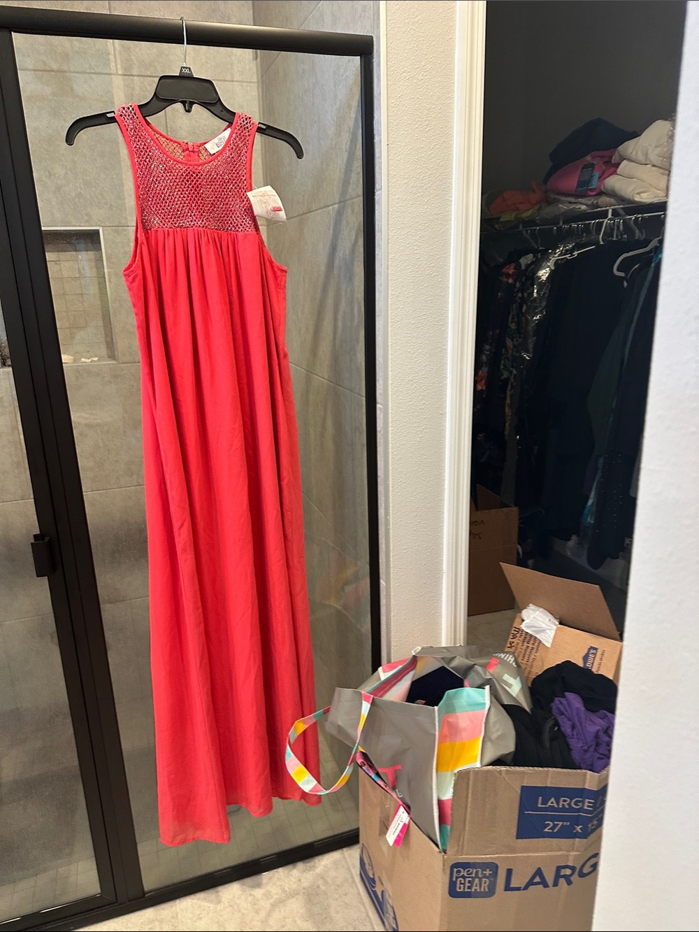 Badgley Mischka Coral Pink Crochet Yoke Maxi Dress